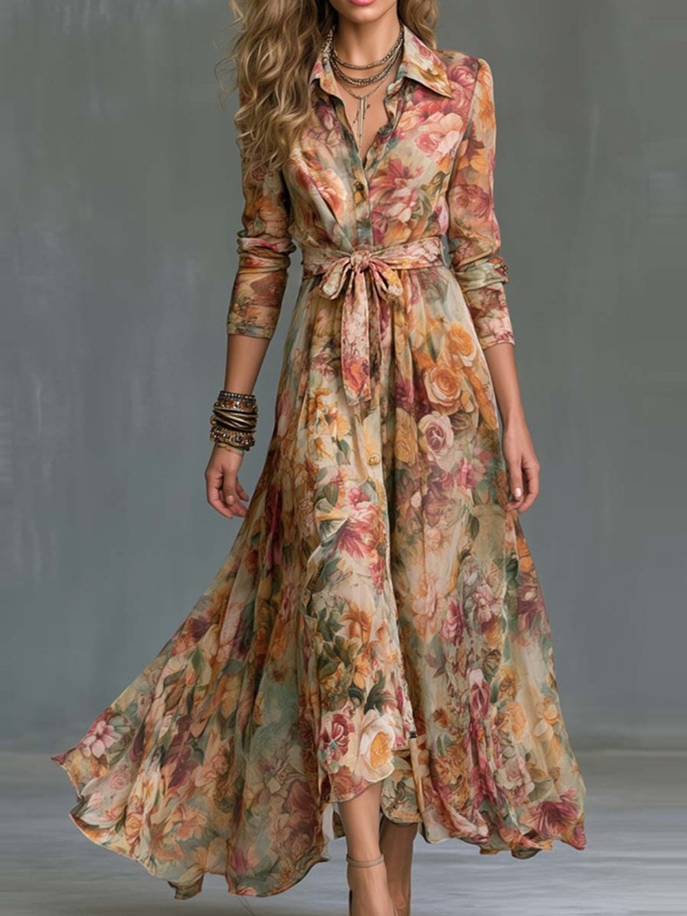 Floral Print Long Sleeve Maxi Shirt Dress